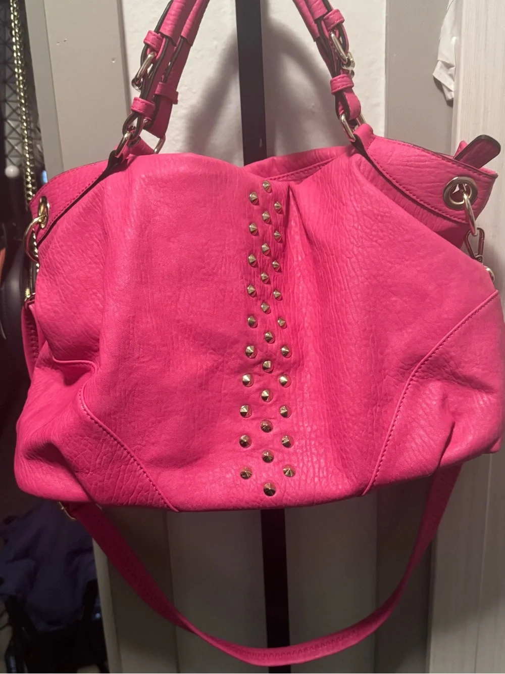 Hot Pink Studded Hobo Shoulder Bag